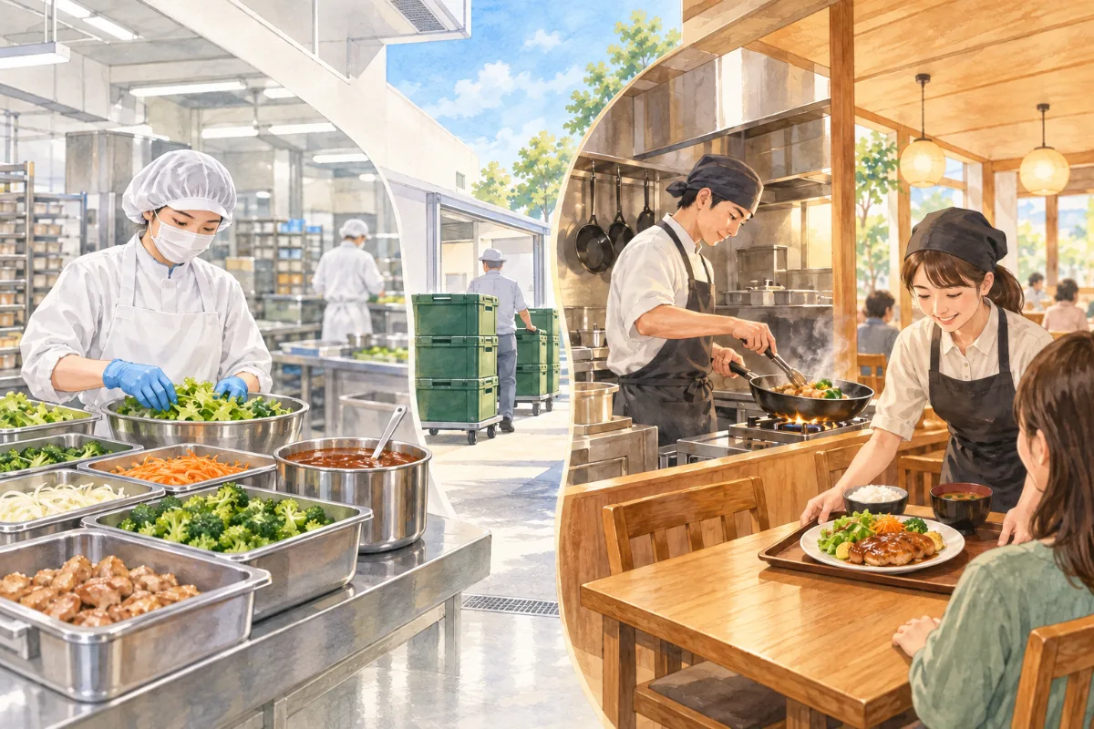 Illustration showing food preparation in a central kitchen, cooking at a restaurant, and serving a guest