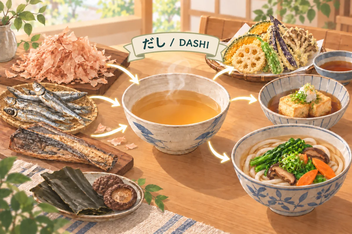 Fish-based dashi made from bonito flakes and dried sardines flowing into vegetable tempura, tofu, and udon
