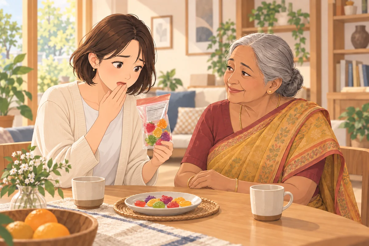 グミの原材料表示を見て困った表情をする女性と、サリーを着たインド人のおばあさん