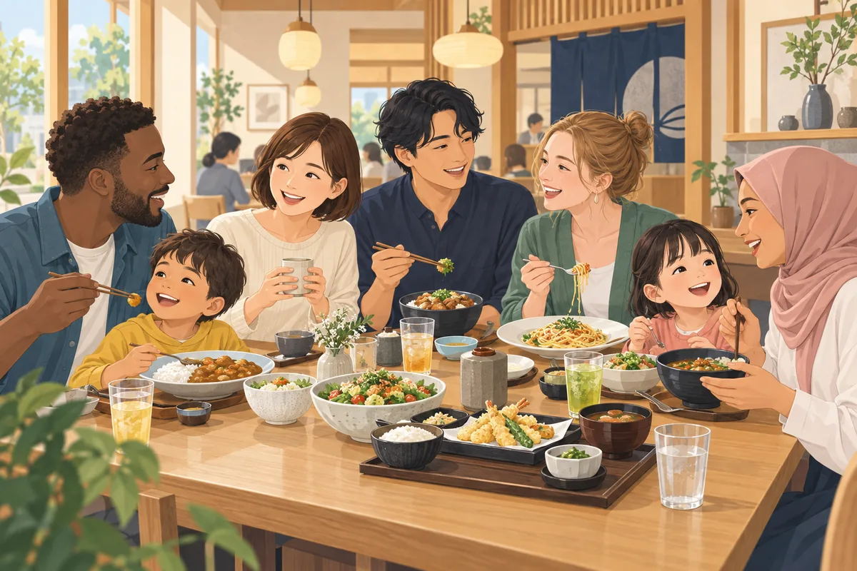 Adults and children enjoying a meal together at a restaurant in Japan