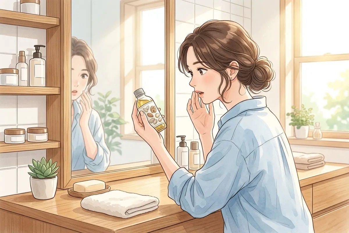 A woman noticing a skin reaction in the mirror while checking the label on a bottle containing food-derived ingredients